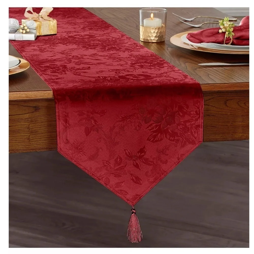 Christmas Silky Damask Table Runner Holly Homes Holiday Tassels Red 13 x 72 in